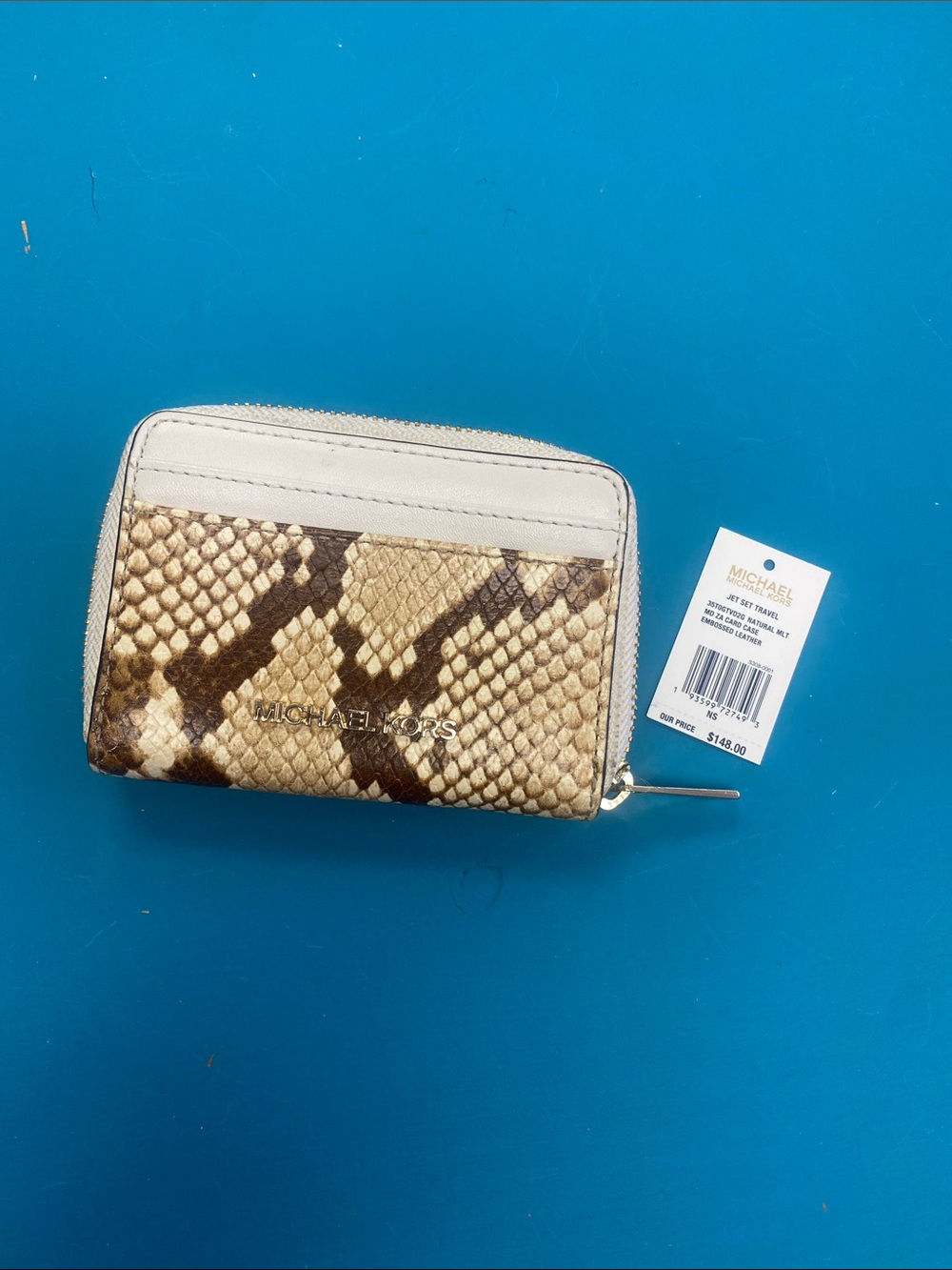 Michael Kors Beige & Brown Snake-Print Zip Card Wallet